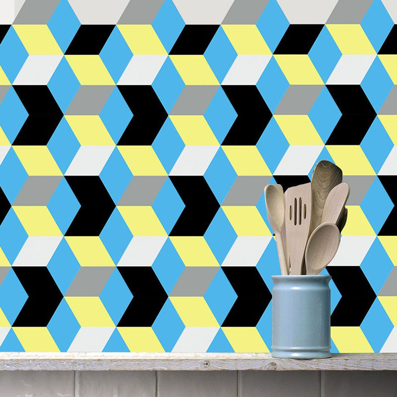 Faux 3D Cube Geometric Wallpapers Contemporary PVC Adhesive Wall Art in Yellow-Blue Yellow-Blue Clearhalo 'Wall Decor' 'Wallpaper' 1504861