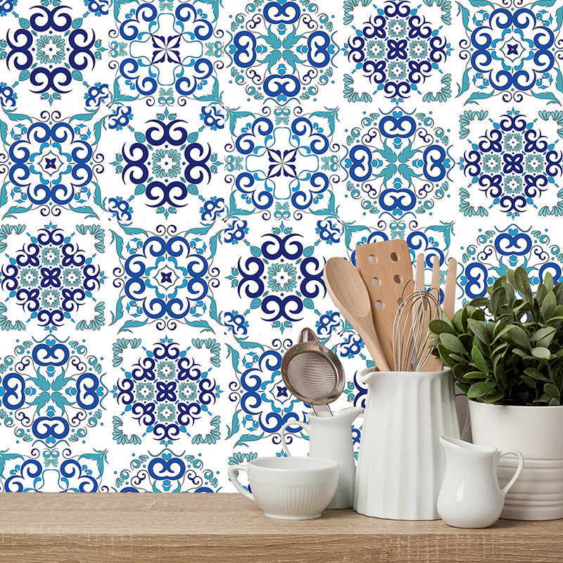 Enchanting Vatican Tiles Stick Wallpaper Panel Set for Home Floral Wall Art, 12' x 12 (10 Pcs) Blue Clearhalo 'Wall Decor' 'Wallpaper' 1504955