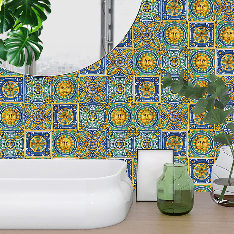 Boho Egyptian Tribal Pattern Wallpapers Green Sun and Flower Self-Sticking Wall Decor, 10 Pieces Clearhalo 'Wall Decor' 'Wallpaper' 1504962