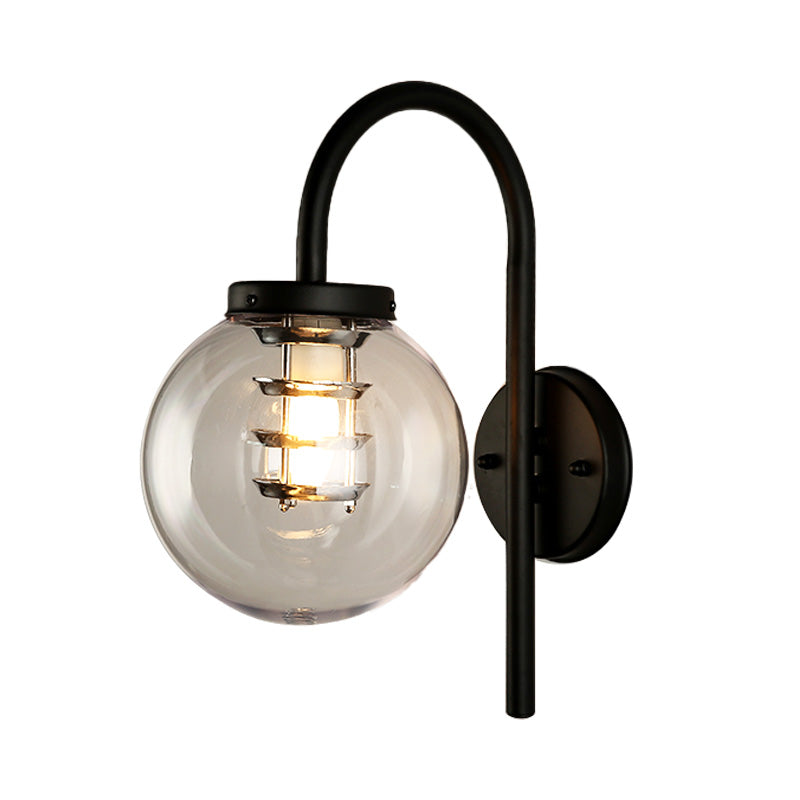 1 Light Globe Sconce Light Vintage Black/Stainless-Steel Clear Glass Wall Lamp for Bedroom with Gooseneck Clearhalo 'Art deco wall lights' 'Cast Iron' 'Glass' 'Industrial wall lights' 'Industrial' 'Middle century wall lights' 'Modern' 'Rustic wall lights' 'Tiffany' 'Traditional wall lights' 'Wall Lamps & Sconces' 'Wall Lights' Lighting' 150504