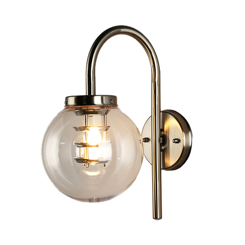 1 Light Globe Sconce Light Vintage Black/Stainless-Steel Clear Glass Wall Lamp for Bedroom with Gooseneck Clearhalo 'Art deco wall lights' 'Cast Iron' 'Glass' 'Industrial wall lights' 'Industrial' 'Middle century wall lights' 'Modern' 'Rustic wall lights' 'Tiffany' 'Traditional wall lights' 'Wall Lamps & Sconces' 'Wall Lights' Lighting' 150509