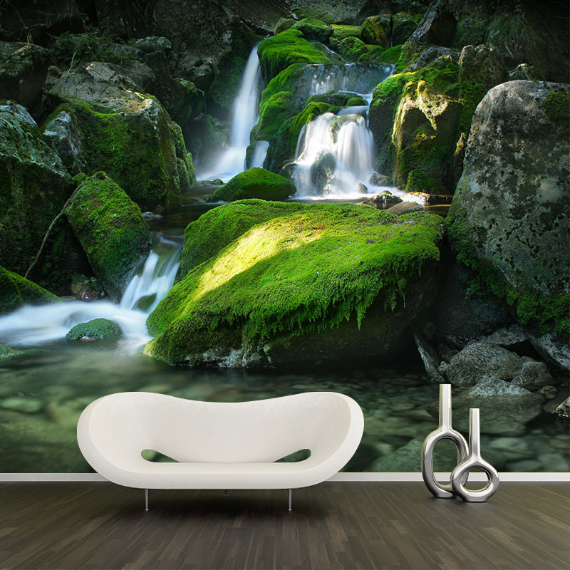 Waterfall with Moss Stone Mural Decal Green Modernism Wall Covering for Home Gallery Green Clearhalo 'Wall Decor' 'Wall Mural' 1505223