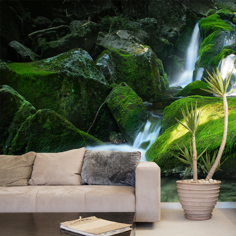 Waterfall with Moss Stone Mural Decal Green Modernism Wall Covering for Home Gallery Clearhalo 'Wall Decor' 'Wall Mural' 1505224