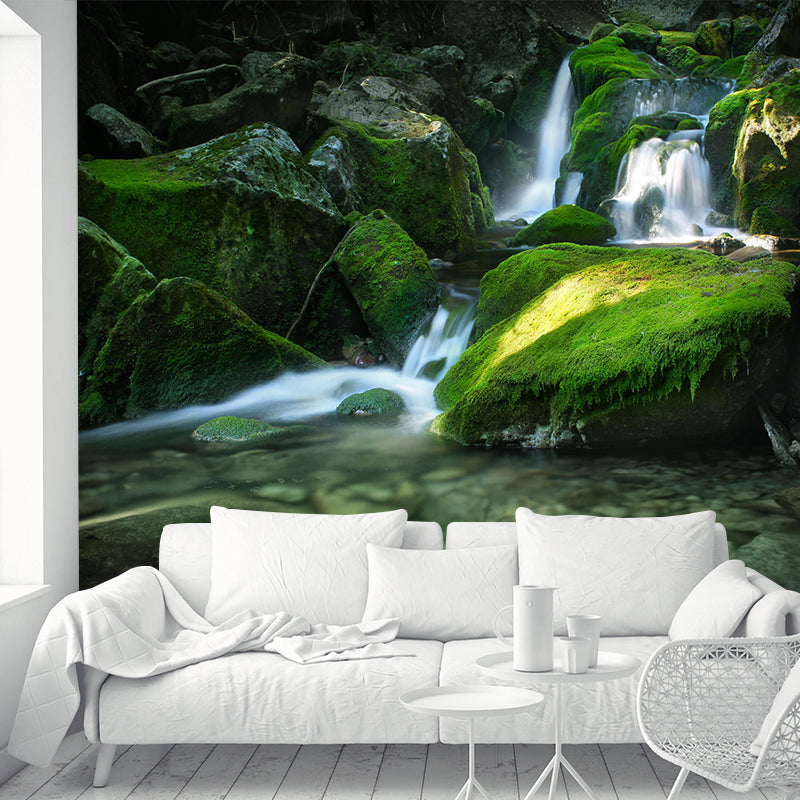 Waterfall with Moss Stone Mural Decal Green Modernism Wall Covering for Home Gallery Clearhalo 'Wall Decor' 'Wall Mural' 1505225