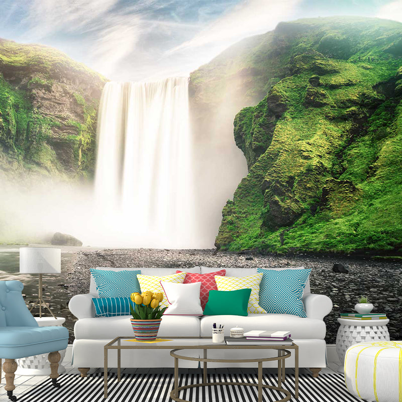 Big Waterfall Wall Paper Mural Stain-Proof Modern Style Living Room Wall Decor in Green Green Clearhalo 'Wall Decor' 'Wall Mural' 1505233