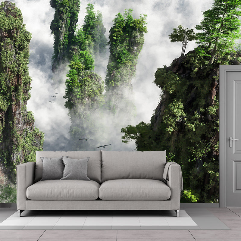 Foggy Cliffs Aerial View Mural Wallpaper Modernist PVC Wall Covering in Green for Home Green Clearhalo 'Wall Decor' 'Wall Mural' 1505238