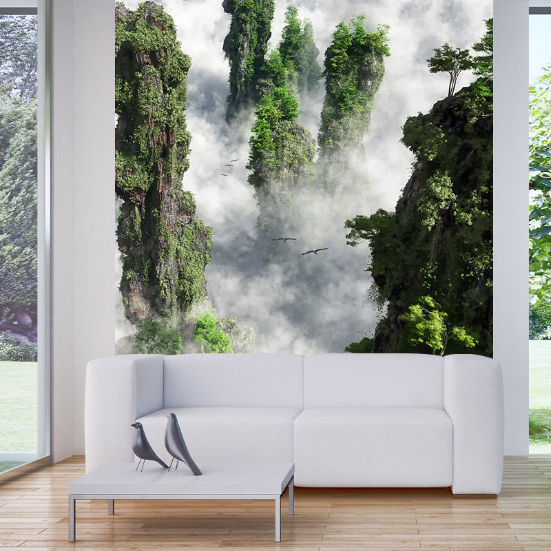 Foggy Cliffs Aerial View Mural Wallpaper Modernist PVC Wall Covering in Green for Home Clearhalo 'Wall Decor' 'Wall Mural' 1505239