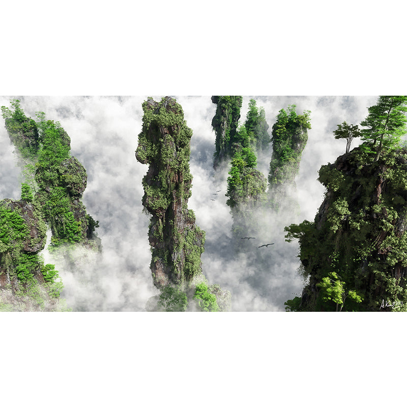 Foggy Cliffs Aerial View Mural Wallpaper Modernist PVC Wall Covering in Green for Home Clearhalo 'Wall Decor' 'Wall Mural' 1505241