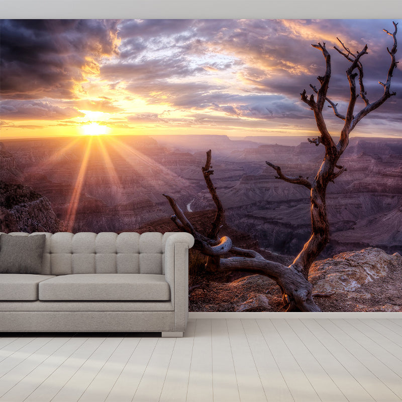 Brown Withered Branch Mural Sunset Mountain Landscape Modern Waterproof Wall Covering Brown Clearhalo 'Wall Decor' 'Wall Mural' 1505253