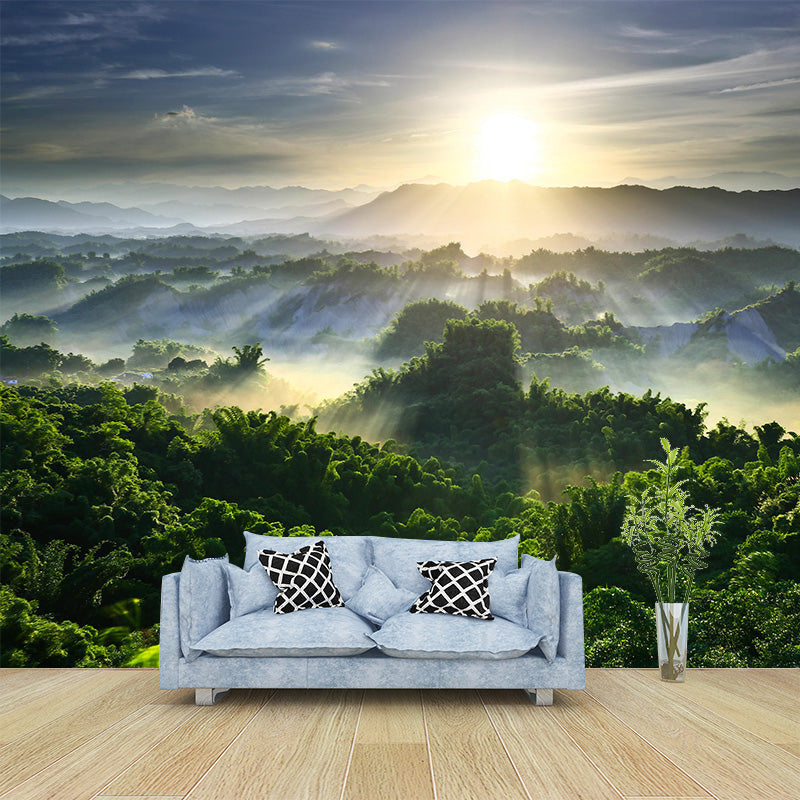 Big Scenery Wallpaper Mural Modern Aerial View of Sun Shines Across Forest Wall Decor in Green Green Clearhalo 'Wall Decor' 'Wall Mural' 1505263