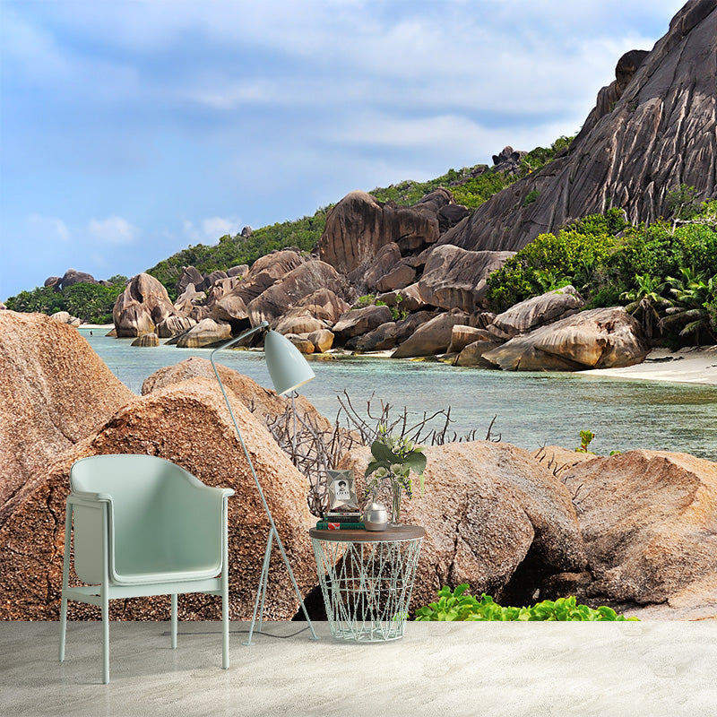 Full-Size Tropical Mural Brown Part of Seashore at the Foot of Mountain Wall Covering, Made to Measure Brown Clearhalo 'Wall Decor' 'Wall Mural' 1505268