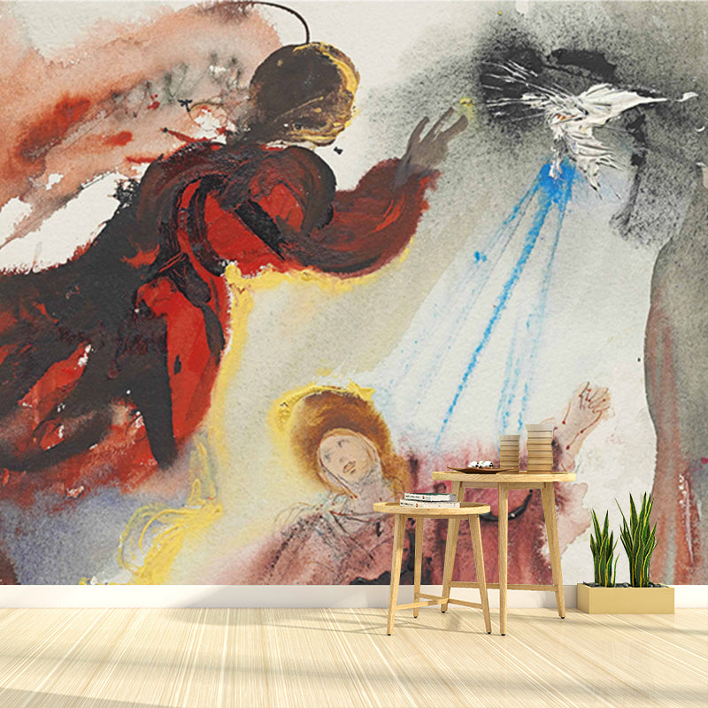 Red Religion Mural Wallpaper Mariae Annunciato of Luke 1:26f Surreal Washable Wall Art Red Clearhalo 'Wall Decor' 'Wall Mural' 1505533