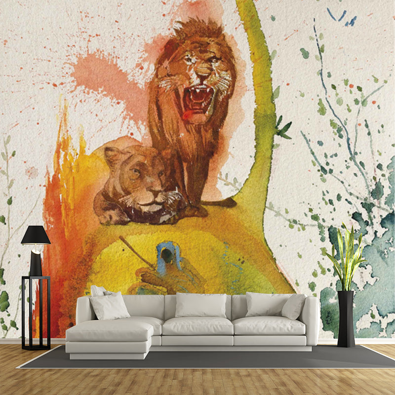 Surrealist Lions Painting Mural for Accent Wall Custom Wall Decoration in Yellow Clearhalo 'Wall Decor' 'Wall Mural' 1505544