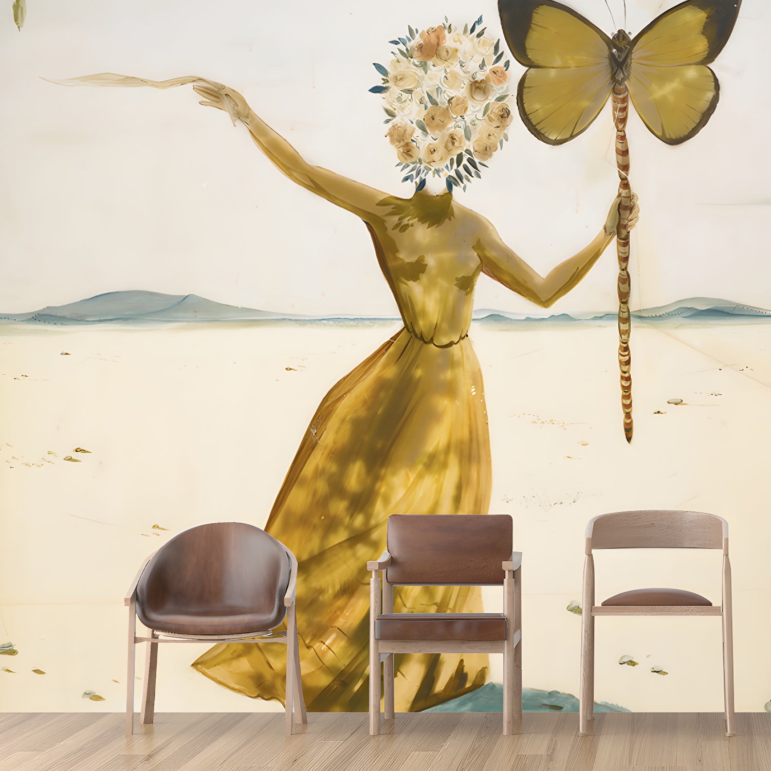 Yellow Dali Butterfly Drawing Mural Little Girl with Flower Head Surreal Washable Wall Art Yellow Clearhalo 'Wall Decor' 'Wall Mural' 1505613