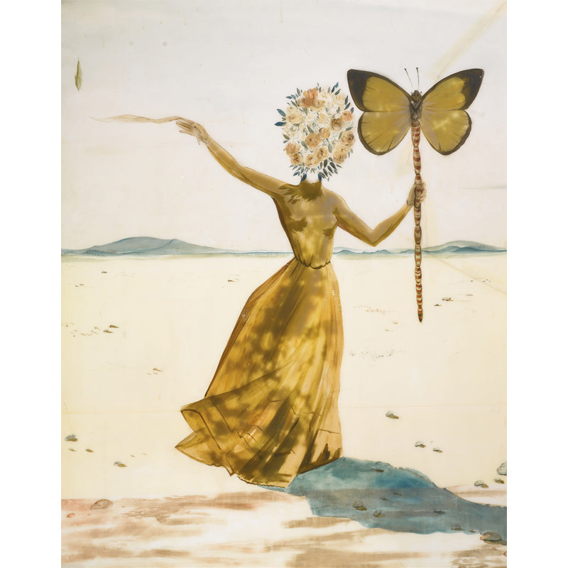 Yellow Dali Butterfly Drawing Mural Little Girl with Flower Head Surreal Washable Wall Art Clearhalo 'Wall Decor' 'Wall Mural' 1505616