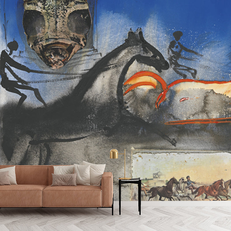Salvador Dali Steeds Painting Mural Surrealism Smooth Wall Art in Blue for Living Room Clearhalo 'Wall Decor' 'Wall Mural' 1505684