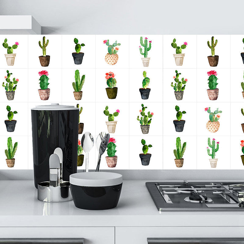 Green Potted Cactus Wallpapers 10 Pcs Easy Peel off Wall Art for Washroom, 12' L x 12