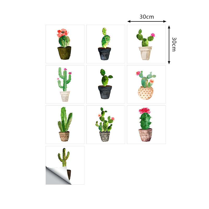 Green Potted Cactus Wallpapers 10 Pcs Easy Peel off Wall Art for Washroom, 12' L x 12