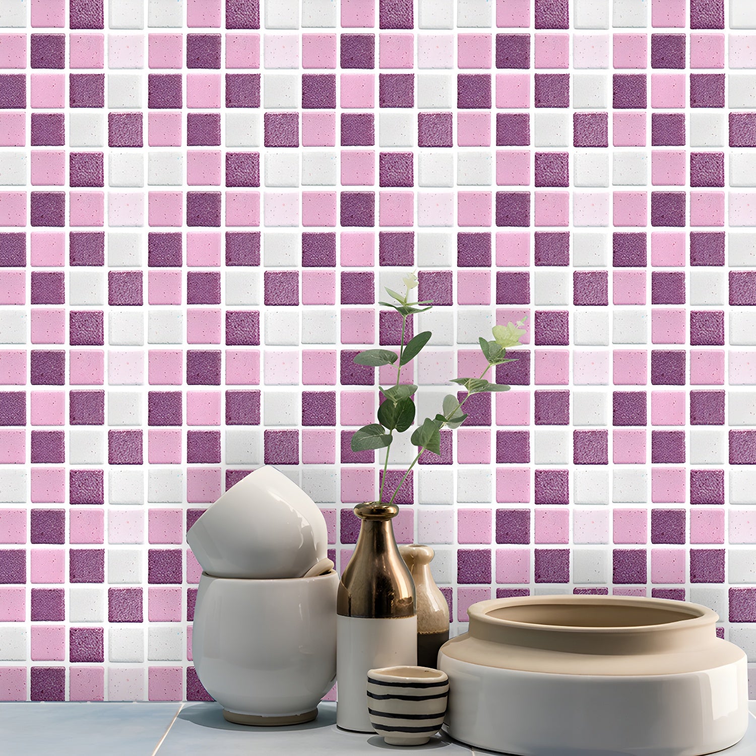 Pink Mosaic Tiles Wallpaper Panel Peel and Stick Wall Decoration for Kitchen, 54 Pcs Pink 1 Set Clearhalo 'Wall Decor' 'Wallpaper' 1507940