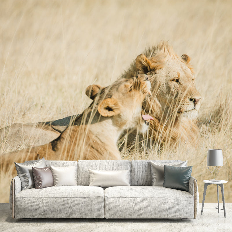 Brown Lions in Grass Mural Decal Water-Proof Wall Decor for Living Room, Optional Size Brown Clearhalo 'Wall Decor' 'Wall Mural' 1508275