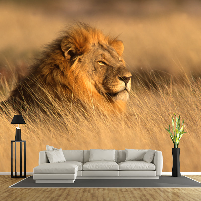 Lion Lying in Grass Mural Contemporary Non-Woven Material Wall Art in Brown for Room Brown Clearhalo 'Wall Decor' 'Wall Mural' 1508280