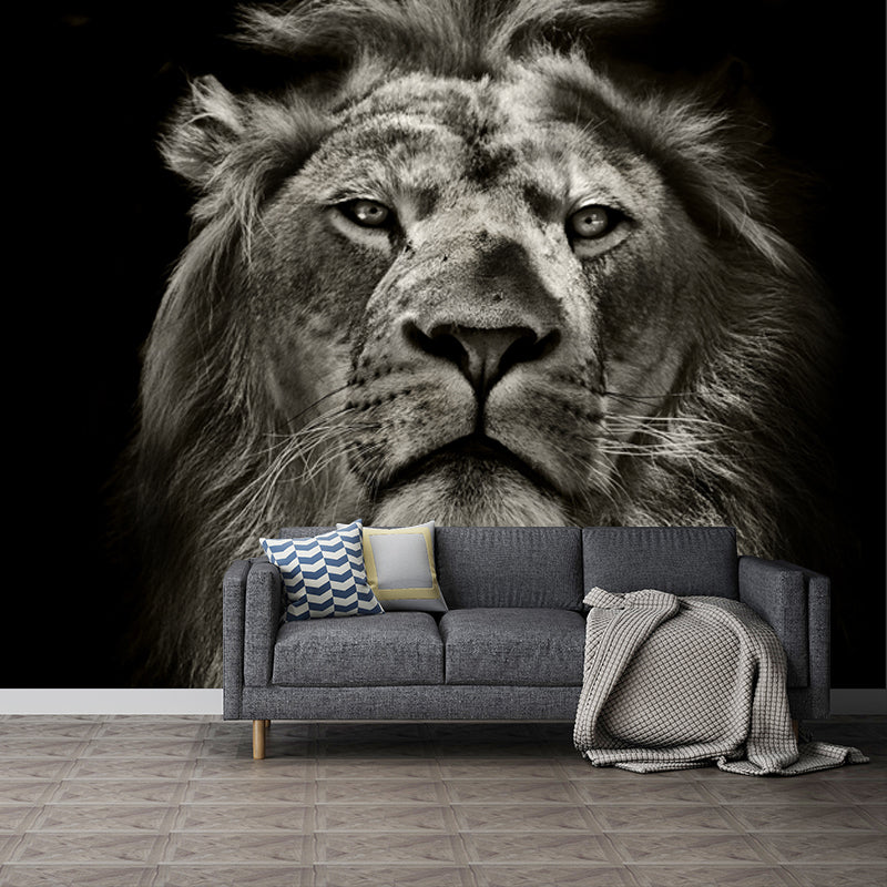 Full-Size Lion Face Mural Decal in Black Non-Woven Material Wall Covering, Washable, Custom Size Black Clearhalo 'Wall Decor' 'Wall Mural' 1508440