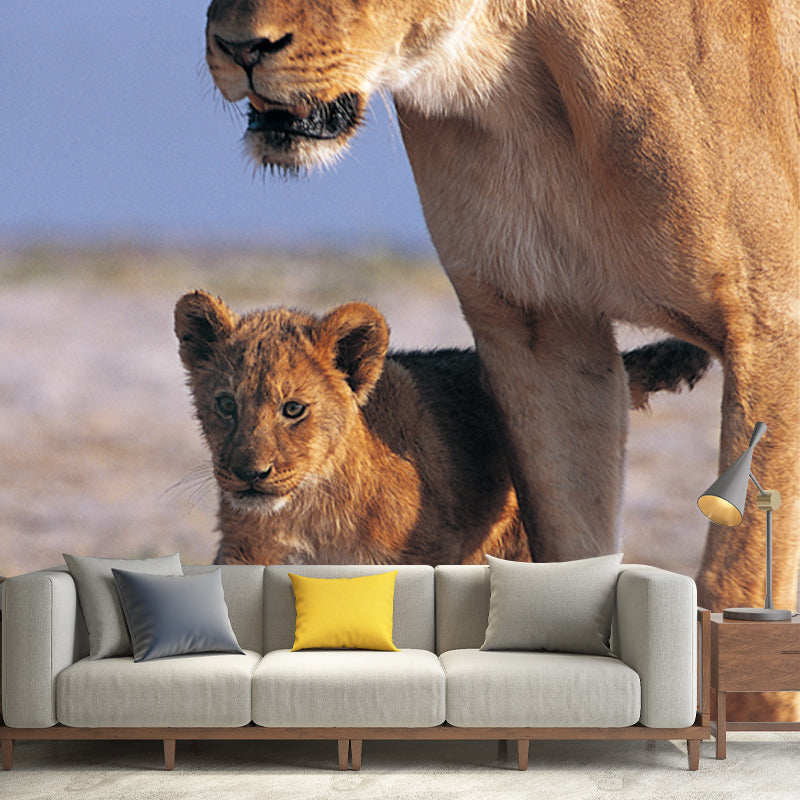 Big Modern Wall Paper Mural Brown Lion Cub with Its Mother Wall Art, Made to Measure Clearhalo 'Wall Decor' 'Wall Mural' 1508446