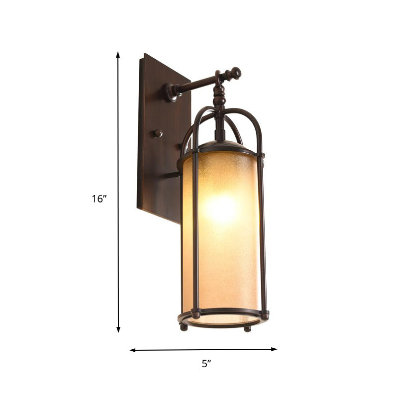 Cylindrical Frosted Glass Wall Light Industrial Single Bulb Bedroom Sconce with Metal Backplate in Bronze Clearhalo 'Art deco wall lights' 'Cast Iron' 'Glass' 'Industrial wall lights' 'Industrial' 'Middle century wall lights' 'Modern' 'Rustic wall lights' 'Tiffany' 'Traditional wall lights' 'Wall Lamps & Sconces' 'Wall Lights' Lighting' 150845