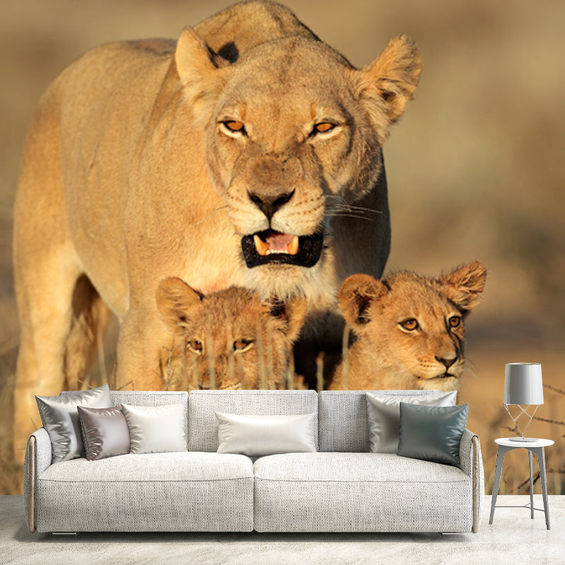 Lion with Its Kids Mural in Brown Modern Style Wall Decor for Living Room, Size Optional Brown Clearhalo 'Wall Decor' 'Wall Mural' 1508450