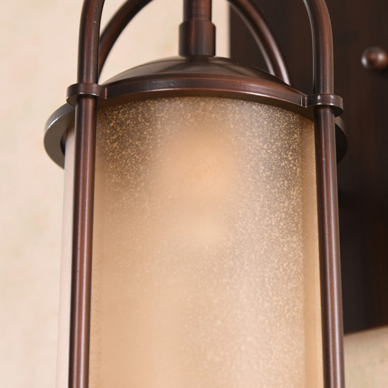 Cylindrical Frosted Glass Wall Light Industrial Single Bulb Bedroom Sconce with Metal Backplate in Bronze Clearhalo 'Art deco wall lights' 'Cast Iron' 'Glass' 'Industrial wall lights' 'Industrial' 'Middle century wall lights' 'Modern' 'Rustic wall lights' 'Tiffany' 'Traditional wall lights' 'Wall Lamps & Sconces' 'Wall Lights' Lighting' 150847