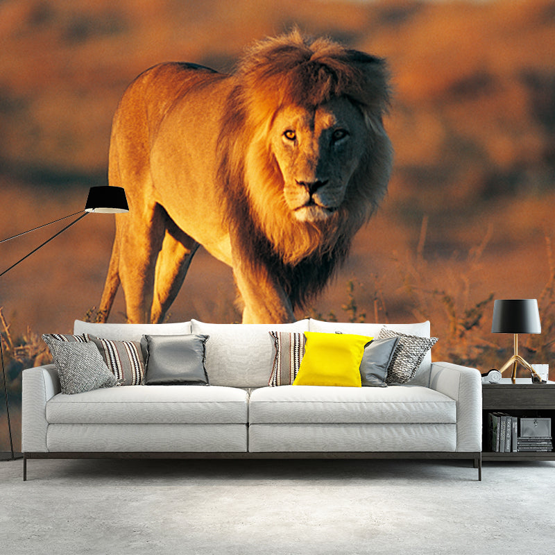 Smooth Whole Brown Mural Modern Lion Walk in the Sunset Wall Covering, Custom Print Brown Clearhalo 'Wall Decor' 'Wall Mural' 1508470