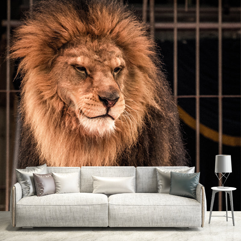 Brown Caged Lion Wall Mural Stain-Proof Modern Living Room Wall Covering, Custom Size Clearhalo 'Wall Decor' 'Wall Mural' 1508486