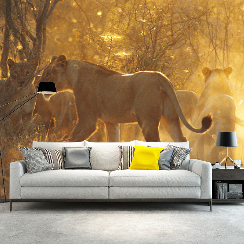 Custom Photography Modern Mural Decal with Lions in Sunset Forest Pattern in Brown Brown Clearhalo 'Wall Decor' 'Wall Mural' 1508495