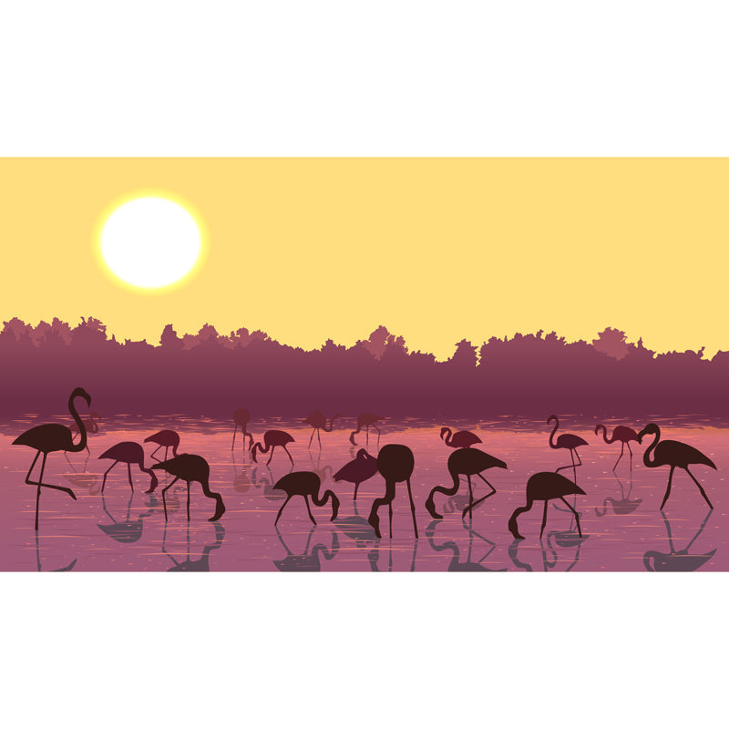 Yellow Modernist Mural Huge Flamingo Feeding under Super Moon Wall Covering for Home Clearhalo 'Wall Decor' 'Wall Mural' 1508688