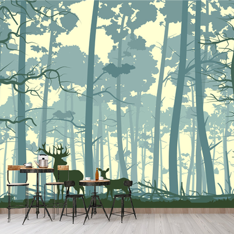 Nordic Forest Deer Silhouette Mural Blue Stain Resistant Wall Covering for Bedroom Blue Clearhalo 'Wall Decor' 'Wall Mural' 1508705