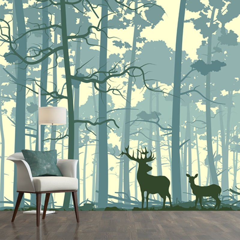 Nordic Forest Deer Silhouette Mural Blue Stain Resistant Wall Covering for Bedroom Clearhalo 'Wall Decor' 'Wall Mural' 1508706