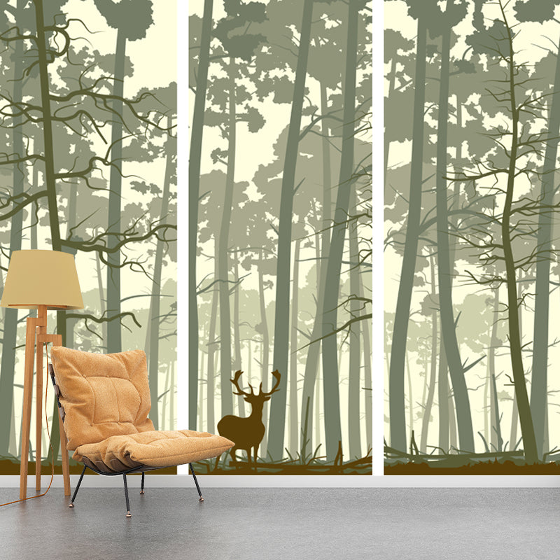 Contemporary Dusk Forest Deer Mural for Living Room Personalized Wall Art in Beige Beige Clearhalo 'Wall Decor' 'Wall Mural' 1508710