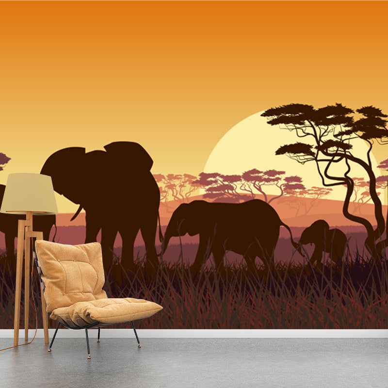 Tropix Night Landscape Mural Yellow Savannas Elephant with Rising Super Moon Wall Decor Yellow Clearhalo 'Wall Decor' 'Wall Mural' 1508725