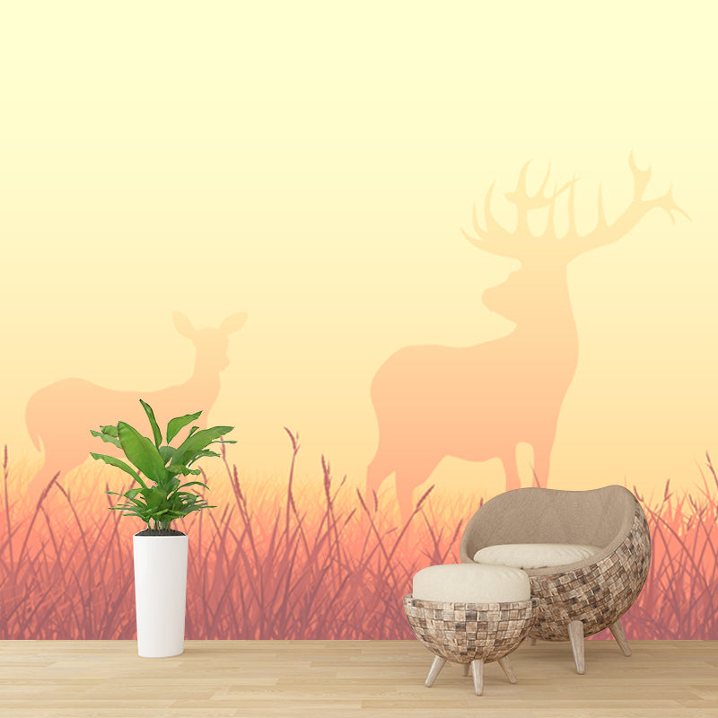 Deers in Foggy Meadow Mural Wallpaper Beige Nordic Wall Art for Living Room, Size Optional Beige Clearhalo 'Wall Decor' 'Wall Mural' 1508730