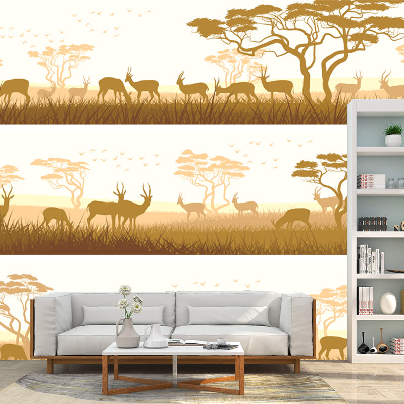 Savanna Goats Feeding Scene Mural Light-Yellow Tropical Wall Covering for Living Room Light Yellow Clearhalo 'Wall Decor' 'Wall Mural' 1508735