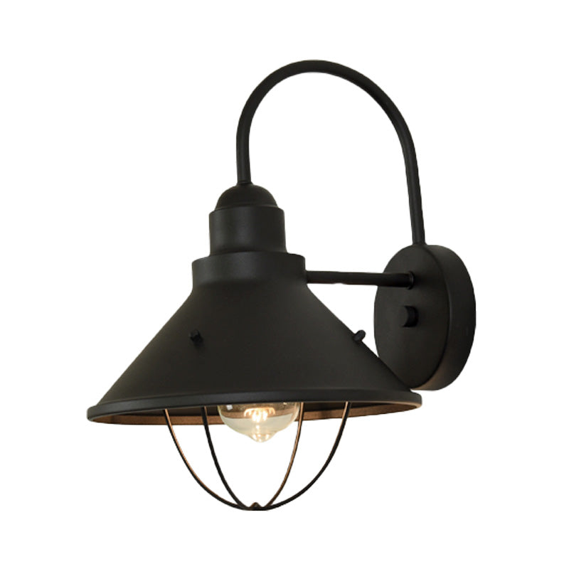 One Bulb Cone Shade Wall Light Industrial Black Metal Sconce Lighting Fixture with Cage Clearhalo 'Art deco wall lights' 'Cast Iron' 'Glass' 'Industrial wall lights' 'Industrial' 'Middle century wall lights' 'Modern' 'Rustic wall lights' 'Tiffany' 'Traditional wall lights' 'Wall Lamps & Sconces' 'Wall Lights' Lighting' 151016