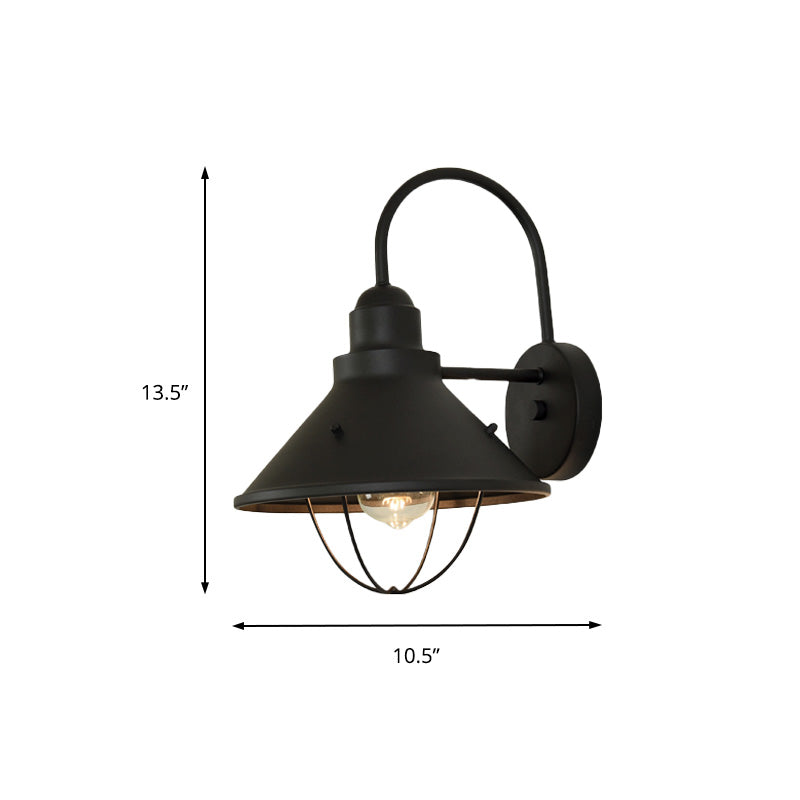 One Bulb Cone Shade Wall Light Industrial Black Metal Sconce Lighting Fixture with Cage Clearhalo 'Art deco wall lights' 'Cast Iron' 'Glass' 'Industrial wall lights' 'Industrial' 'Middle century wall lights' 'Modern' 'Rustic wall lights' 'Tiffany' 'Traditional wall lights' 'Wall Lamps & Sconces' 'Wall Lights' Lighting' 151017