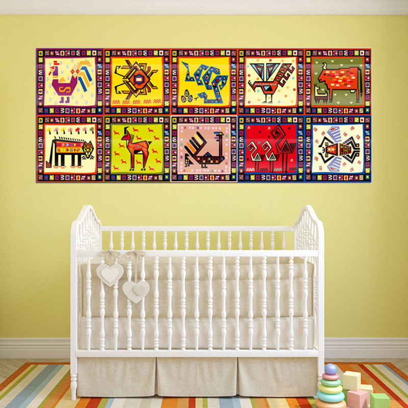 Kids Tribal Pattern Animal Wallpapers Red-Yellow-Green Stick On Wall Art for Baby Room Clearhalo 'Wall Decor' 'Wallpaper' 1512201