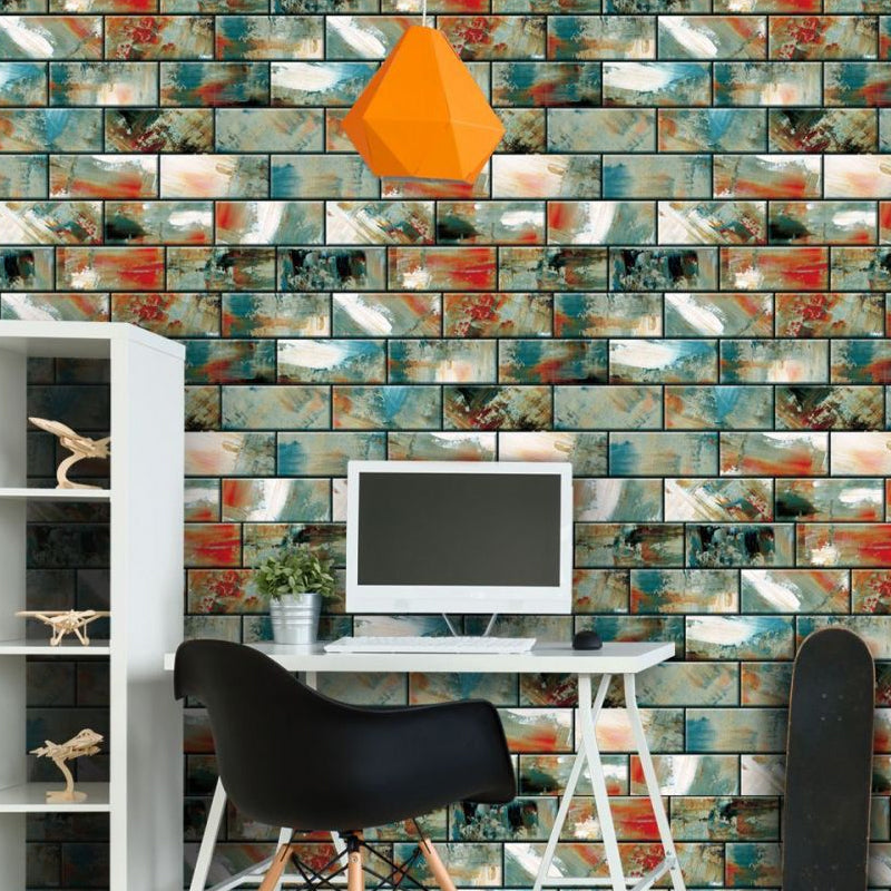 Grey-Green Brickwork Wallpapers Graffiti Cyberpunk Peel off Wall Art for Kitchen Clearhalo 'Industrial wall decor' 'Industrial' 'Wallpaper' Wall Decor' 1512326