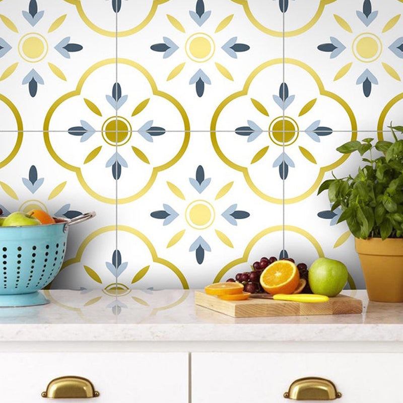 Bohemian Quatrefoil Adhesive Wallpapers Yellow Kitchen Wall Covering on White, 8' x 8