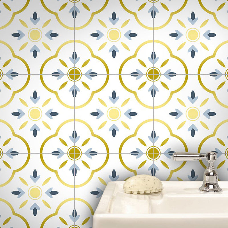 Bohemian Quatrefoil Adhesive Wallpapers Yellow Kitchen Wall Covering on White, 8' x 8