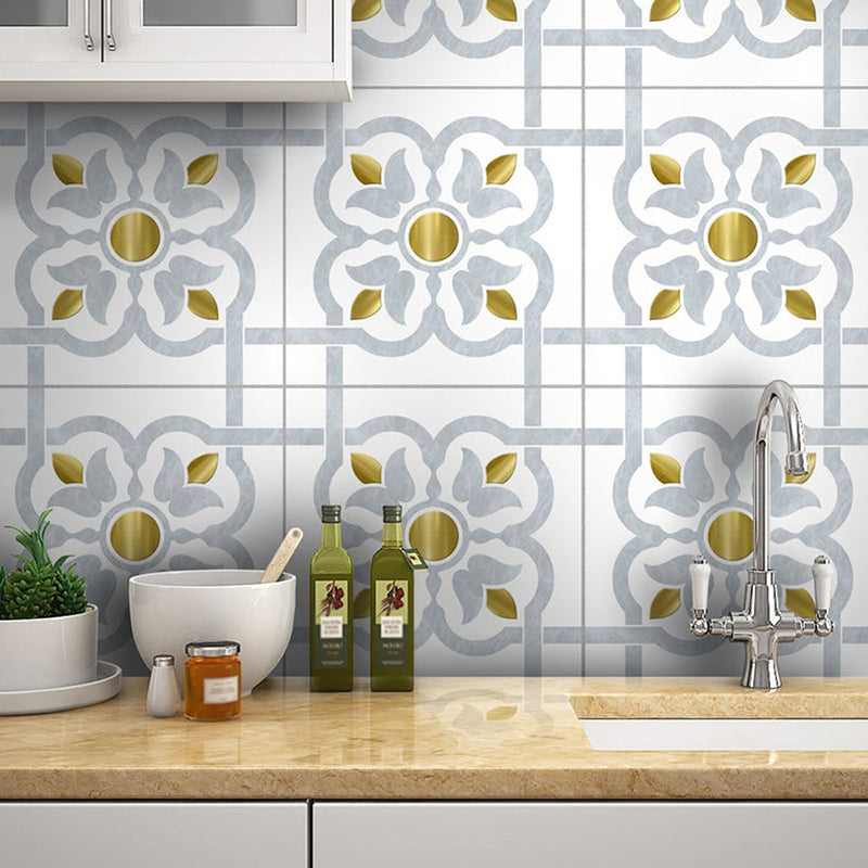 Blue Blossom Wallpaper Panels Mosaic Tile Bohemian Self Sticking Wall Art for Kitchen Silver Gray Clearhalo 'Wall Decor' 'Wallpaper' 1512810