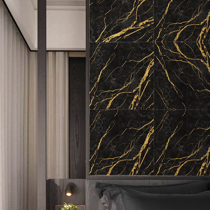 Marble Wallpaper Panels Self-Adhesive Modern Washroom Wall Decor in Black, 12' x 12