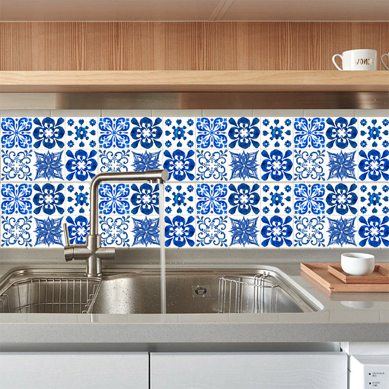 Hand-Painted Floral Tiles Wallpapers for Kitchen 7.8-sq ft Peel off Wall Covering in Blue, 18 Pcs Blue Clearhalo 'Wall Decor' 'Wallpaper' 1513125