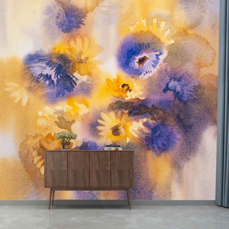 Orange Daisies Wallpaper Mural Watercolor Painting Modern Waterproofing Wall Art Clearhalo 'Wall Decor' 'Wall Mural' 1513480